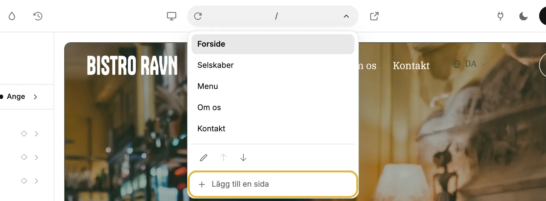 Redigerarens sidlista, öppen, med [Lägg till en sida] längst ner