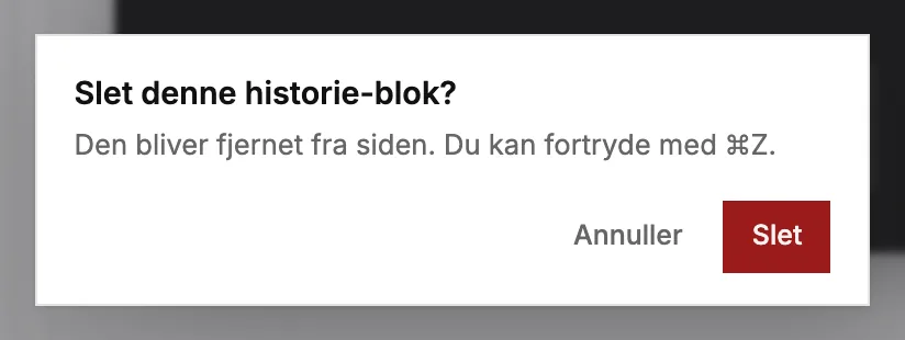 Dialogen, der spørger, før en blok bliver slettet