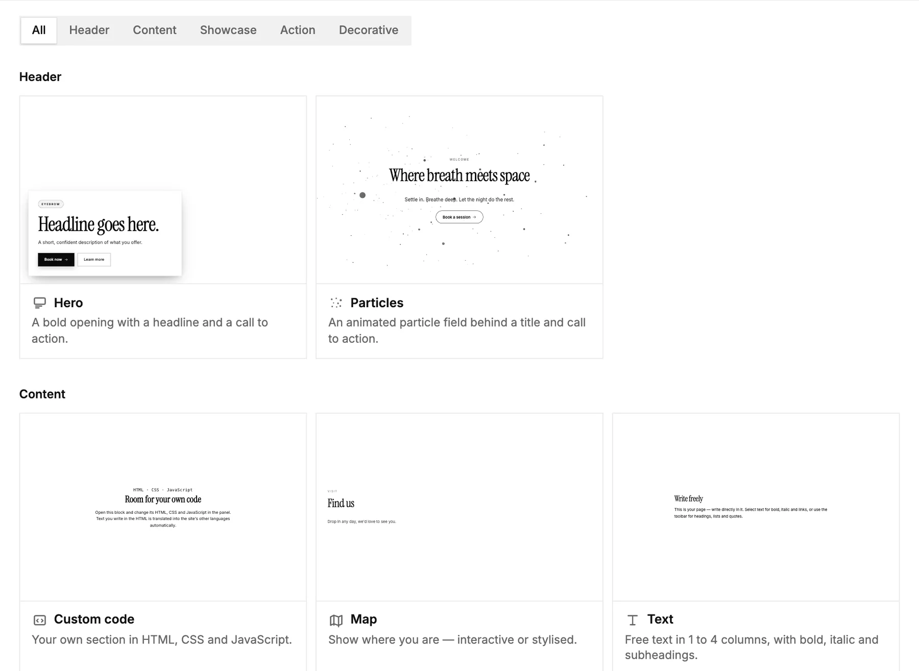 The Add a block window with filters and block previews