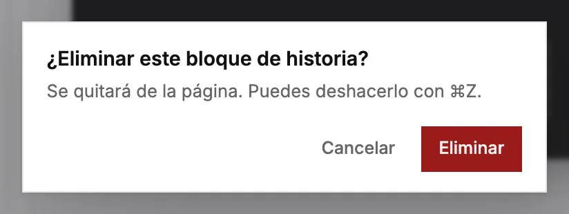 El cuadro de diálogo que pregunta antes de eliminar un bloque