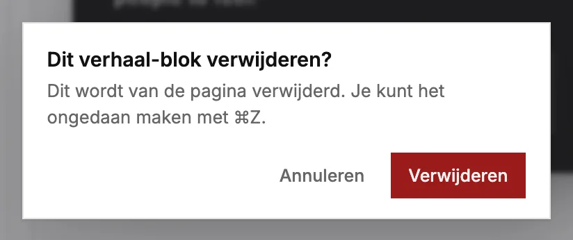 Het dialoogvenster dat vraagt om bevestiging voordat een blok wordt verwijderd