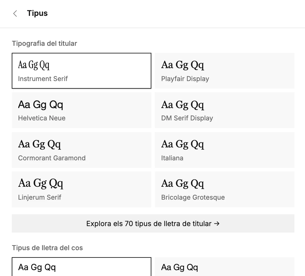 La secció Tipografia amb les fonts dels títols i del cos del text