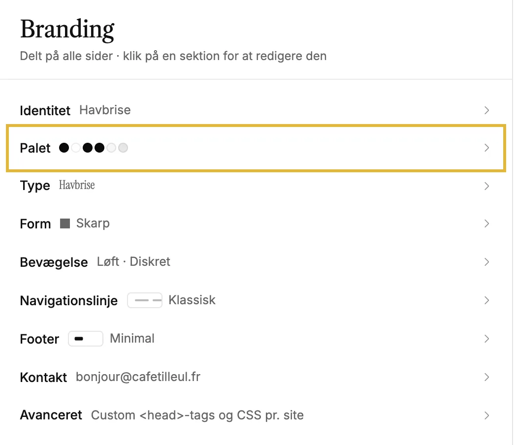 Brandingpanelet med Identitet, Palet, Type, Form og mere