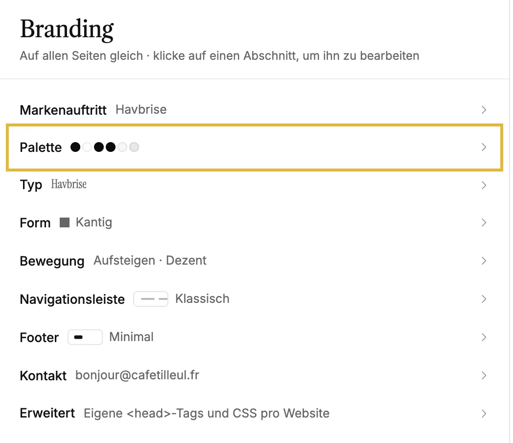 Das Panel „Branding“ mit „Identität“, „Farbpalette“, „Schrift“, „Form“ und mehr