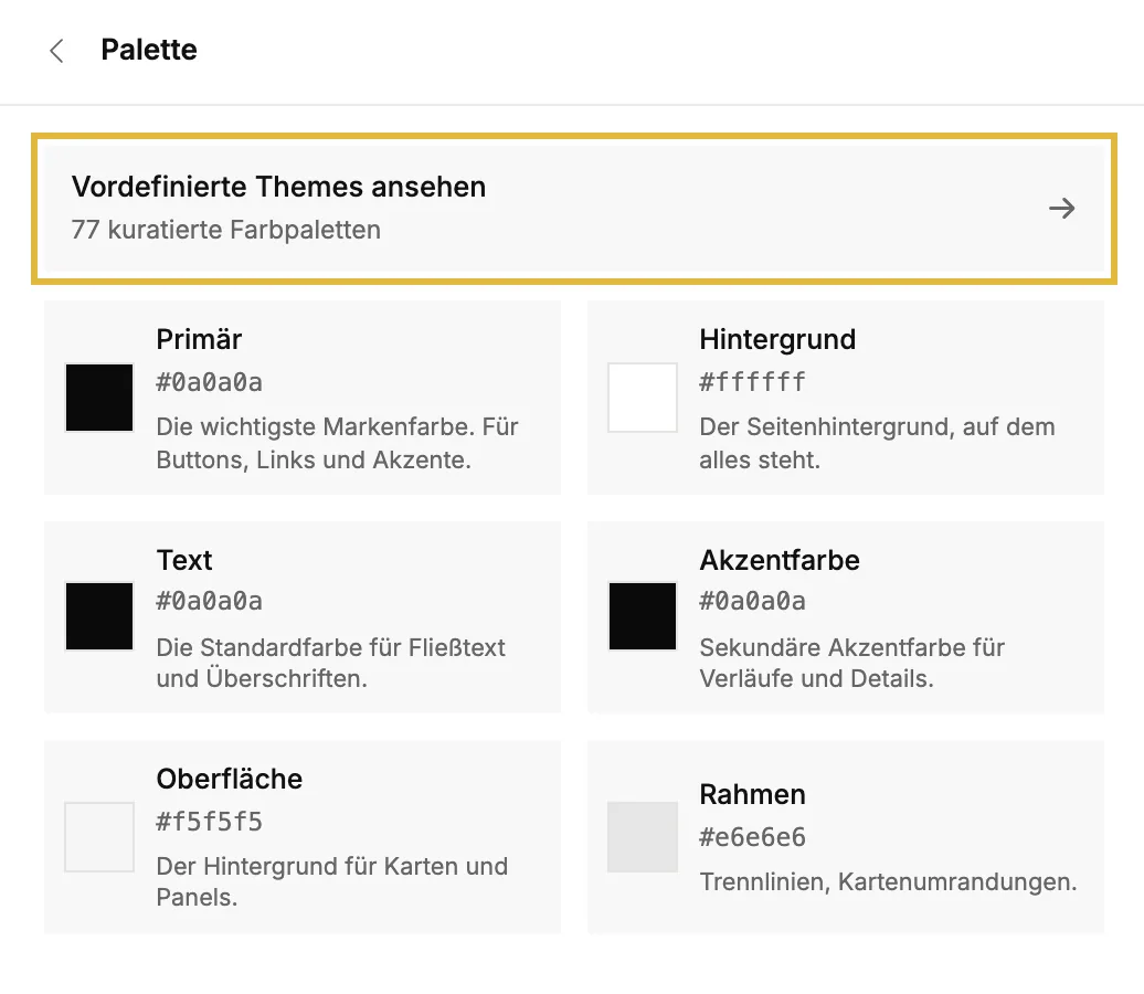 Der Bereich „Farbpalette“ mit „Voreingestellte Themes ansehen“ und den sechs Farben