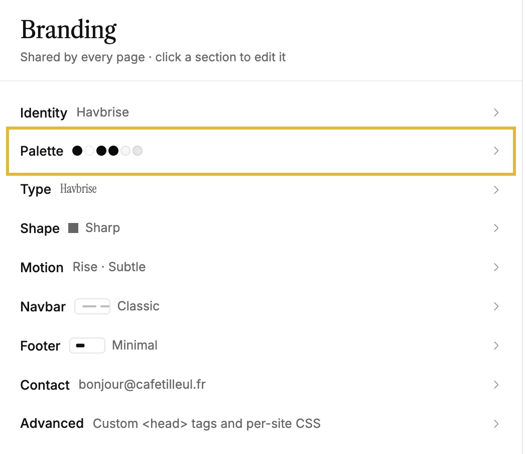 The Branding panel listing Identity, Palette, Type, Shape and more