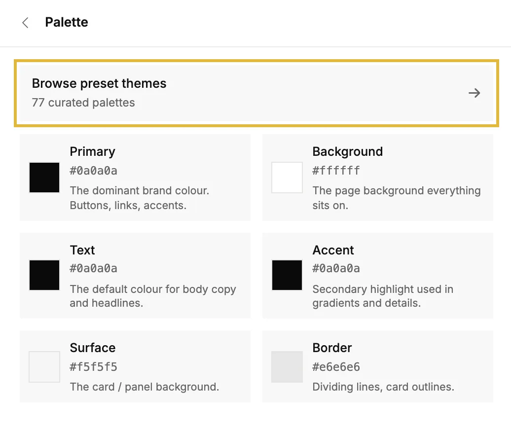 The Palette section with Browse preset themes and the six colours