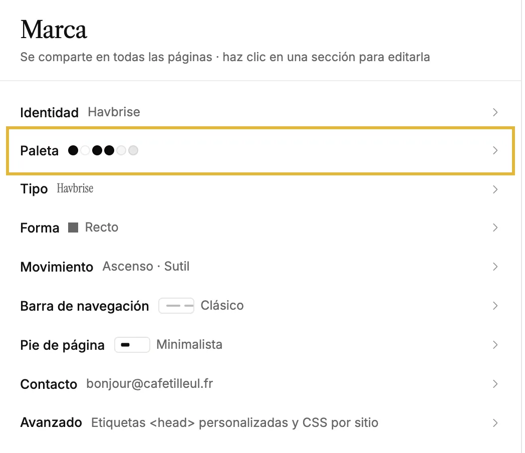 El panel Marca con Identidad, Paleta, Tipografía, Forma y más