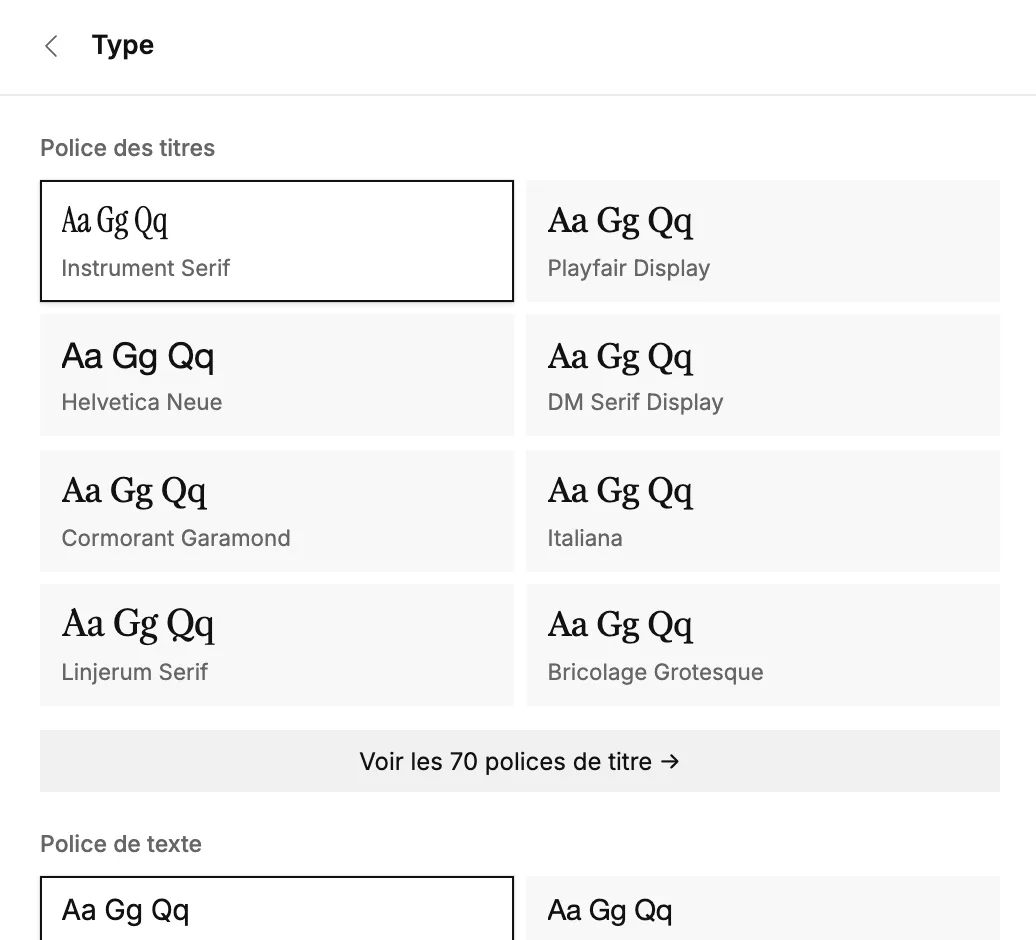 La section Typographie avec les polices des titres et du corps de texte