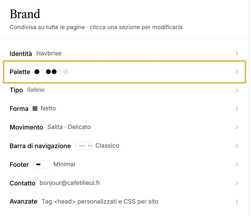 Il pannello Branding con Identità, Palette, Caratteri, Forme e altro