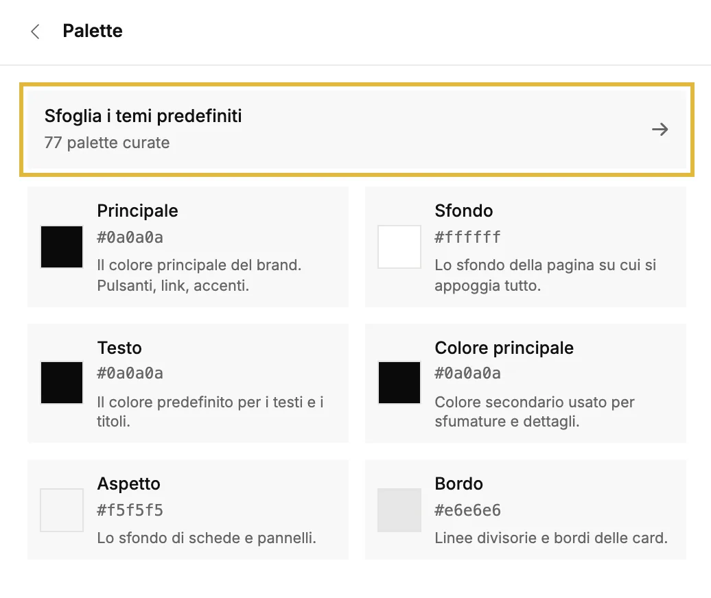 La sezione Palette con Sfoglia temi predefiniti e i sei colori