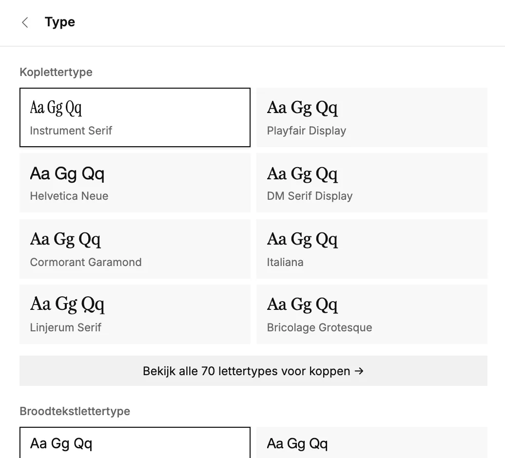 De sectie Type met lettertypes voor koppen en lopende tekst