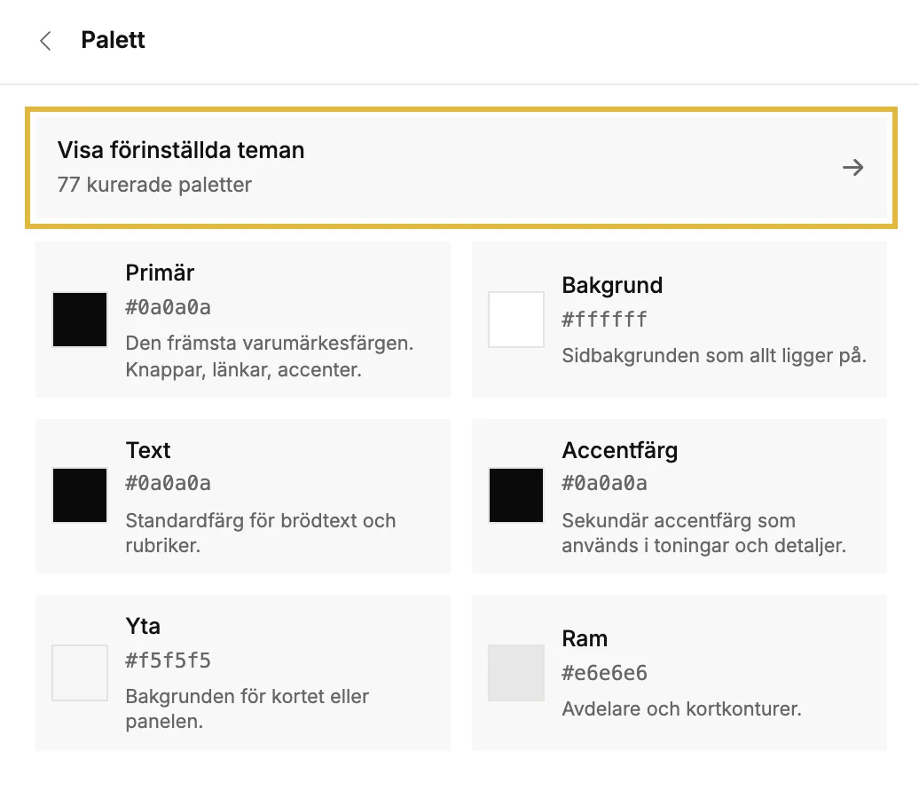 Avsnittet Palett med Bläddra bland förinställda teman och de sex färgerna