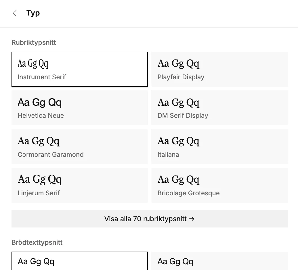 Avsnittet Typografi med typsnitt för rubriker och brödtext