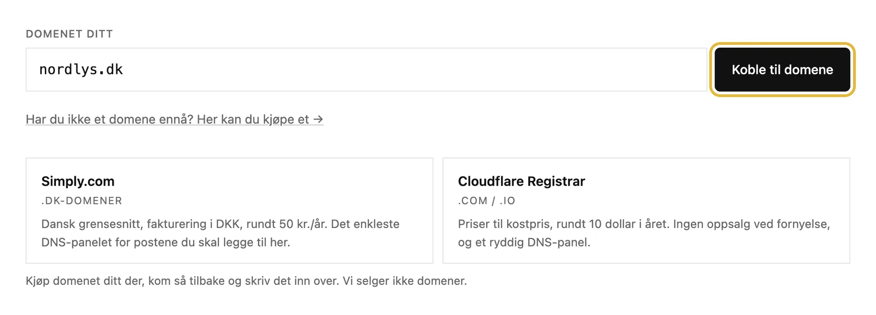 Domenefeltet med Connect domain og to steder å kjøpe et domene