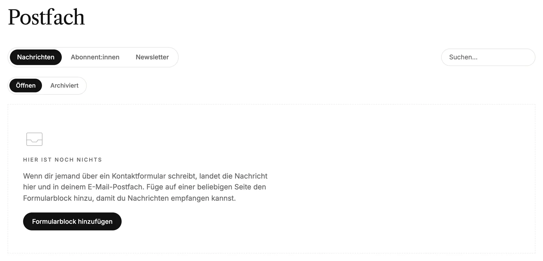 Der Posteingang mit den Tabs Nachrichten, Abonnent:innen und Newsletter