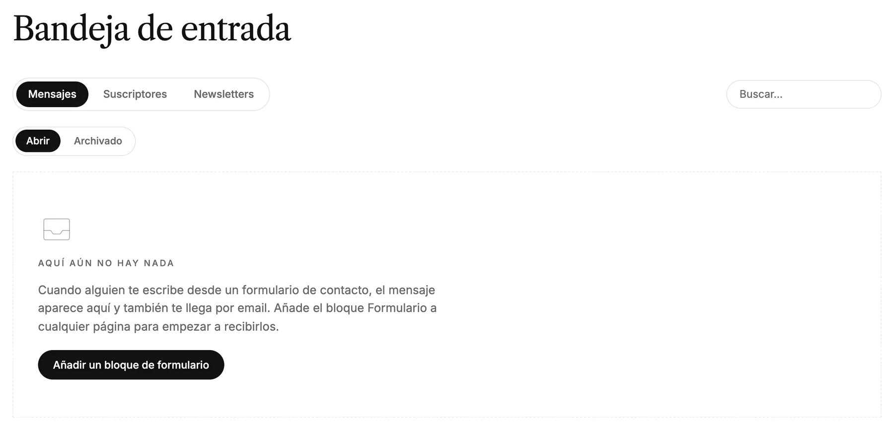 La bandeja de entrada, con las pestañas Mensajes, Suscriptores y Newsletters