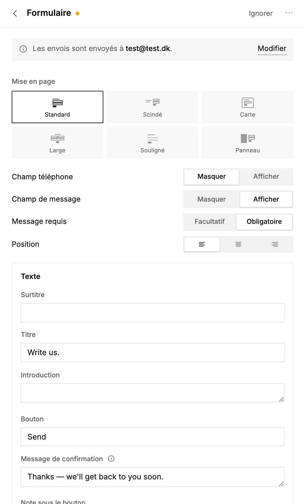 Les réglages du bloc Formulaire : mise en page, champs, titre, bouton et message de confirmation