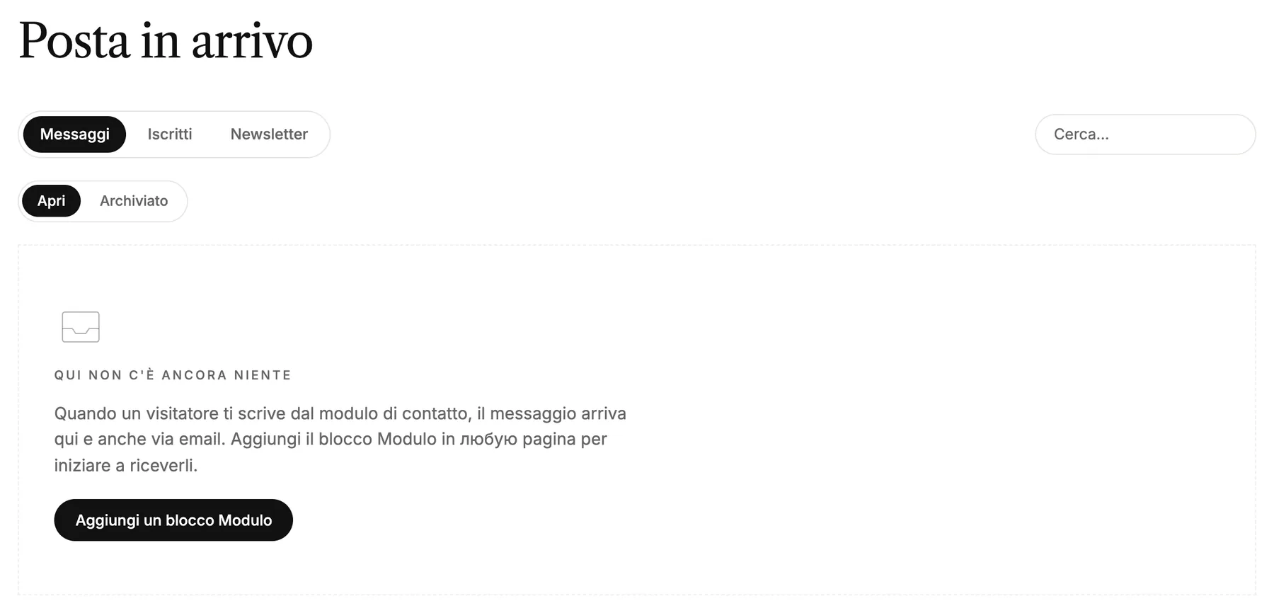 La posta in arrivo con le schede Messaggi, Iscritti e Newsletter