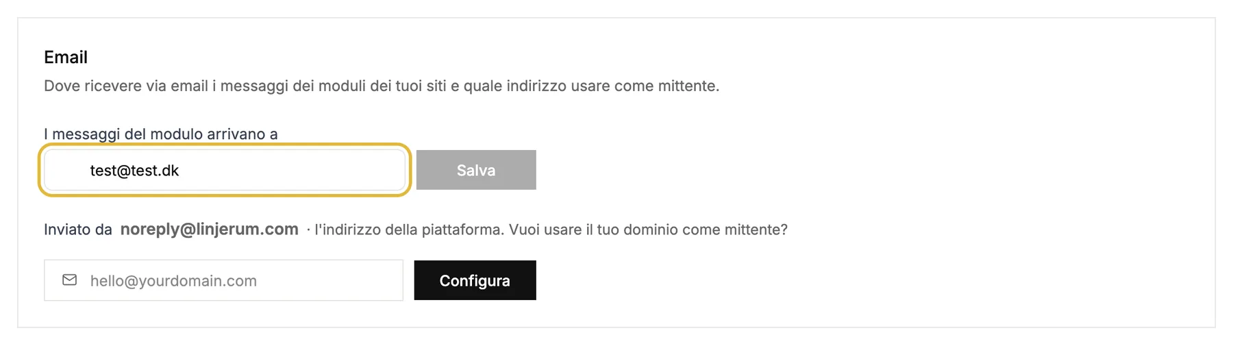 Le impostazioni email con l'indirizzo a cui arrivano i messaggi del modulo