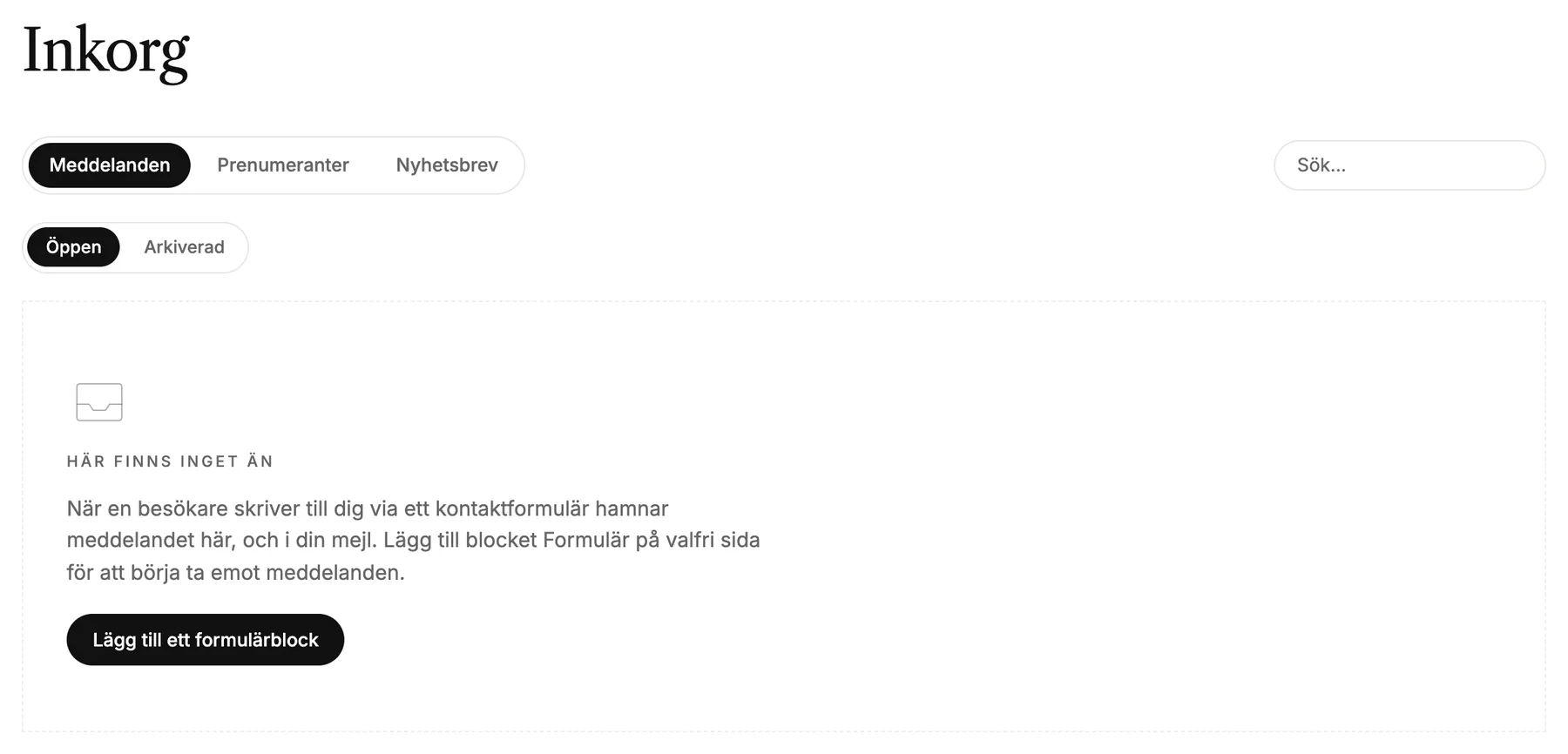 Inkorgen med flikarna Messages, Subscribers och Newsletters