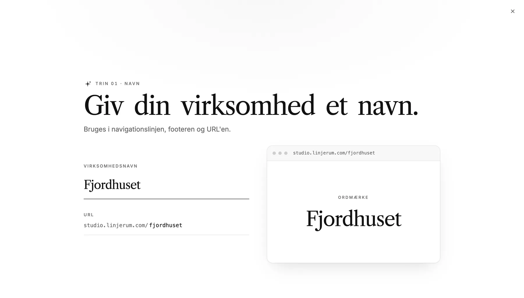 Trinnet Giv din virksomhed et navn, med et virksomhedsnavn udfyldt