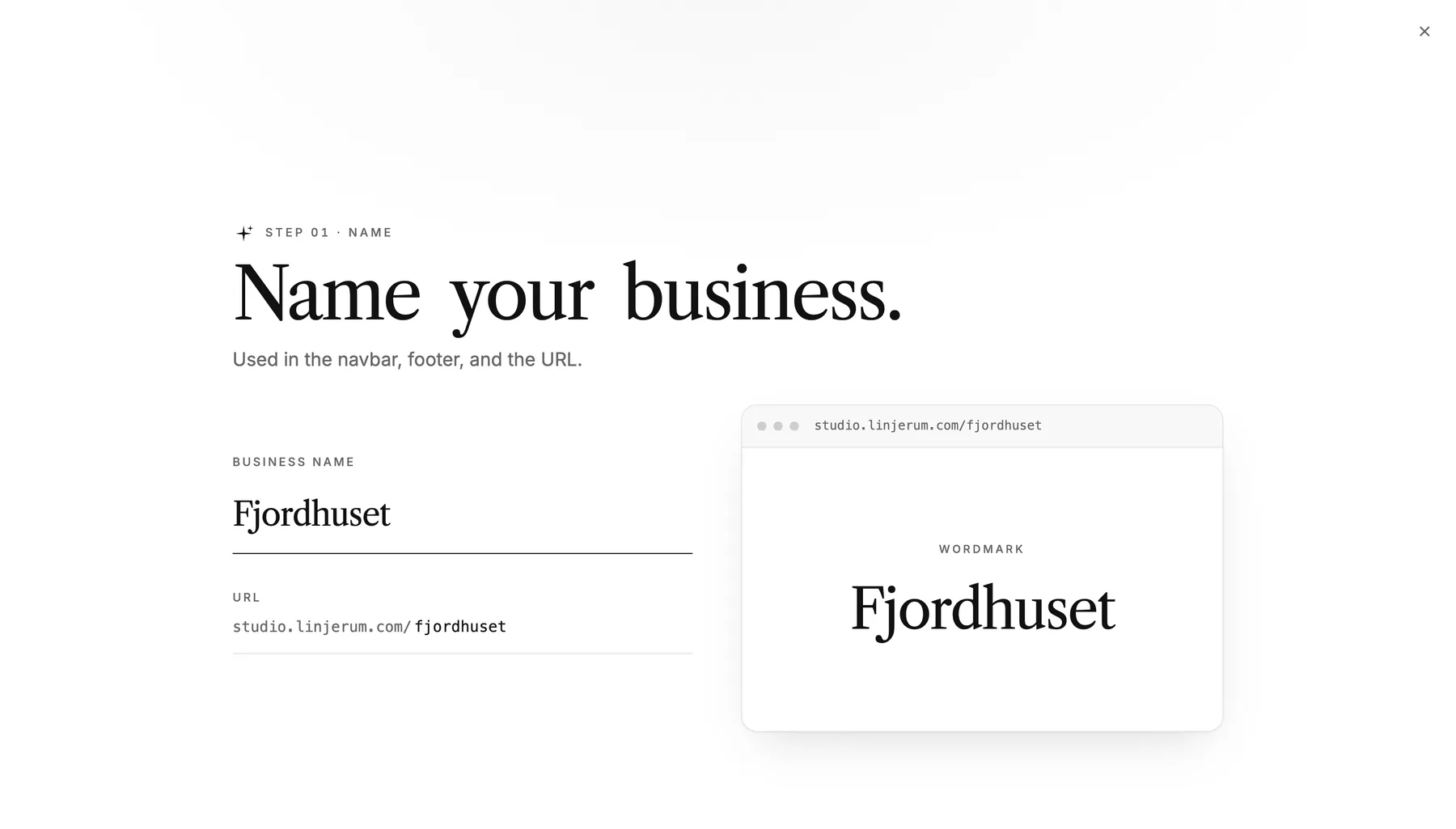 The Name your business step with a business name filled in