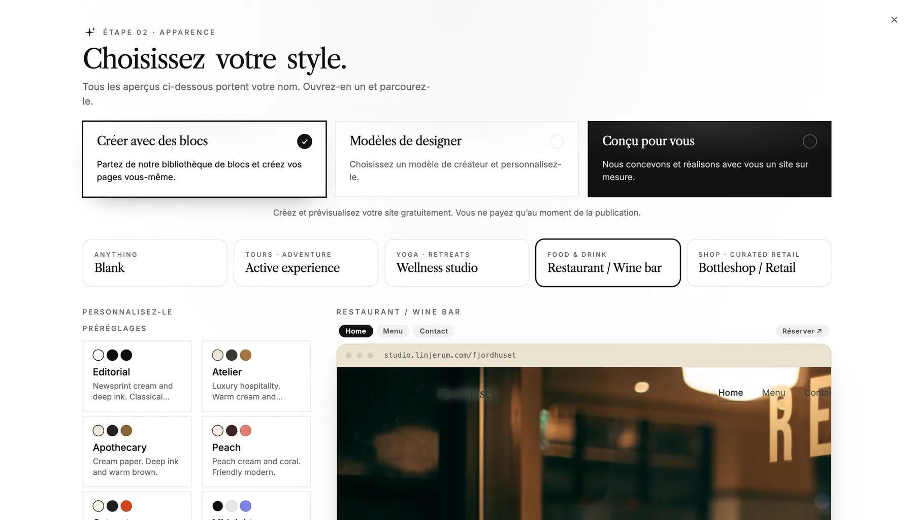 L’étape « Choisissez votre style » avec Construire avec des blocs, Modèles de designer et Sur mesure pour vous