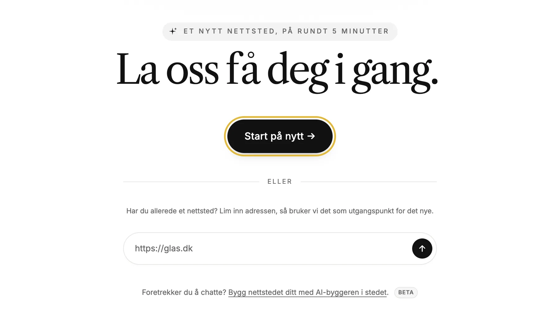 Det første oppsettskjermbildet med Start fresh, en boks for et eksisterende nettsted og en lenke til AI-byggeren