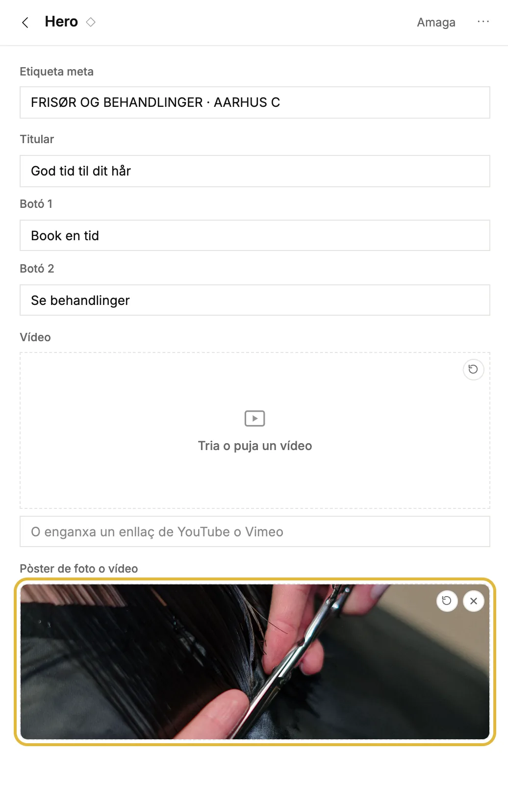 Els camps d'un bloc al tauler de l'esquerra, amb el seu text i la seva imatge