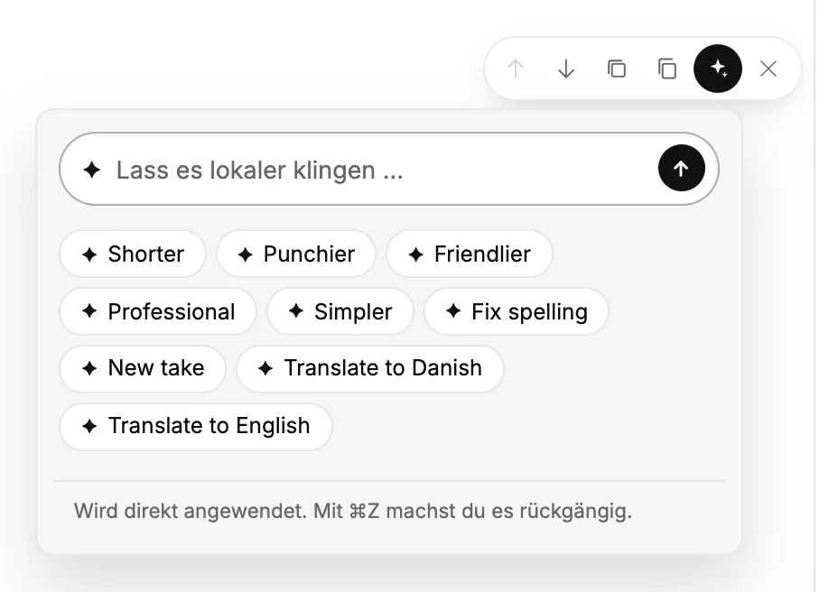 Das KI-Menü in einem Block mit Schnellaktionen und einem Feld für deine Eingabe