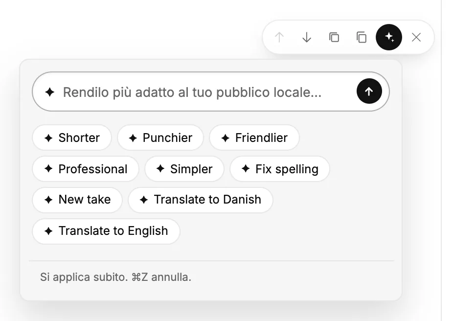 Il menu Assistente AI su un blocco, con azioni rapide e un campo in cui scrivere