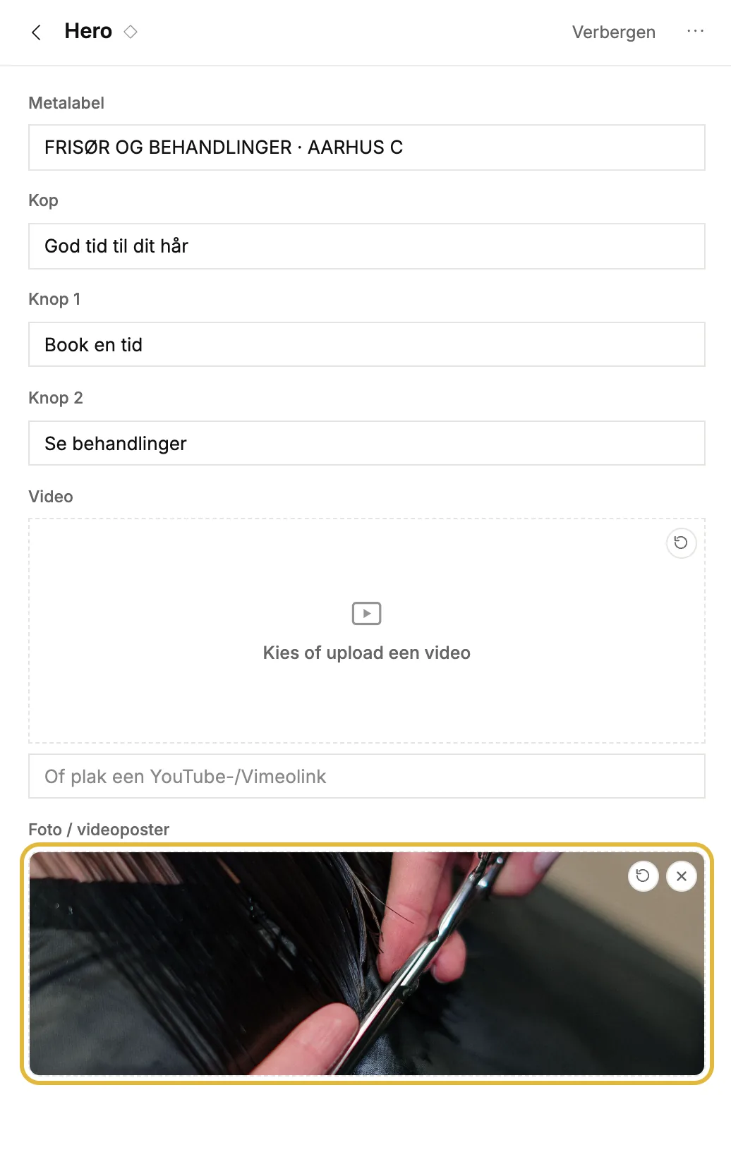 De velden van een blok in het linkerpaneel, met de tekst en afbeelding ervan