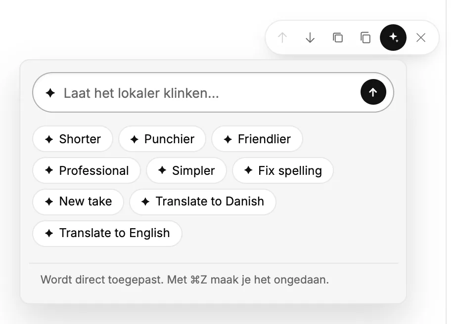 Het AI-hulpmenu op een blok, met snelle acties en een vak om je vraag te stellen
