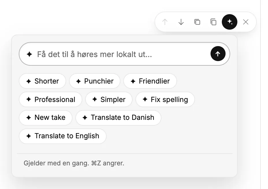 AI-assistentmenyen på en blokk, med hurtigvalg og et felt du kan skrive i
