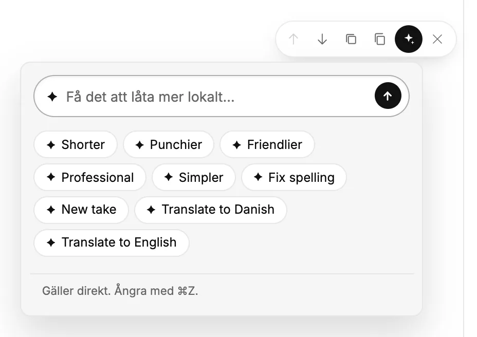 AI-hjälpmenyn på ett block, med snabba åtgärder och en ruta där du kan fråga