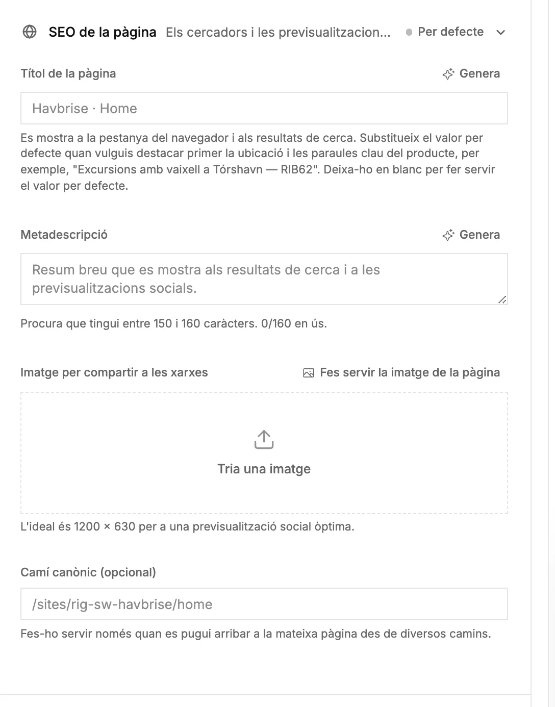 La secció [Page SEO], amb el títol de la pàgina, la meta descripció i la imatge per compartir