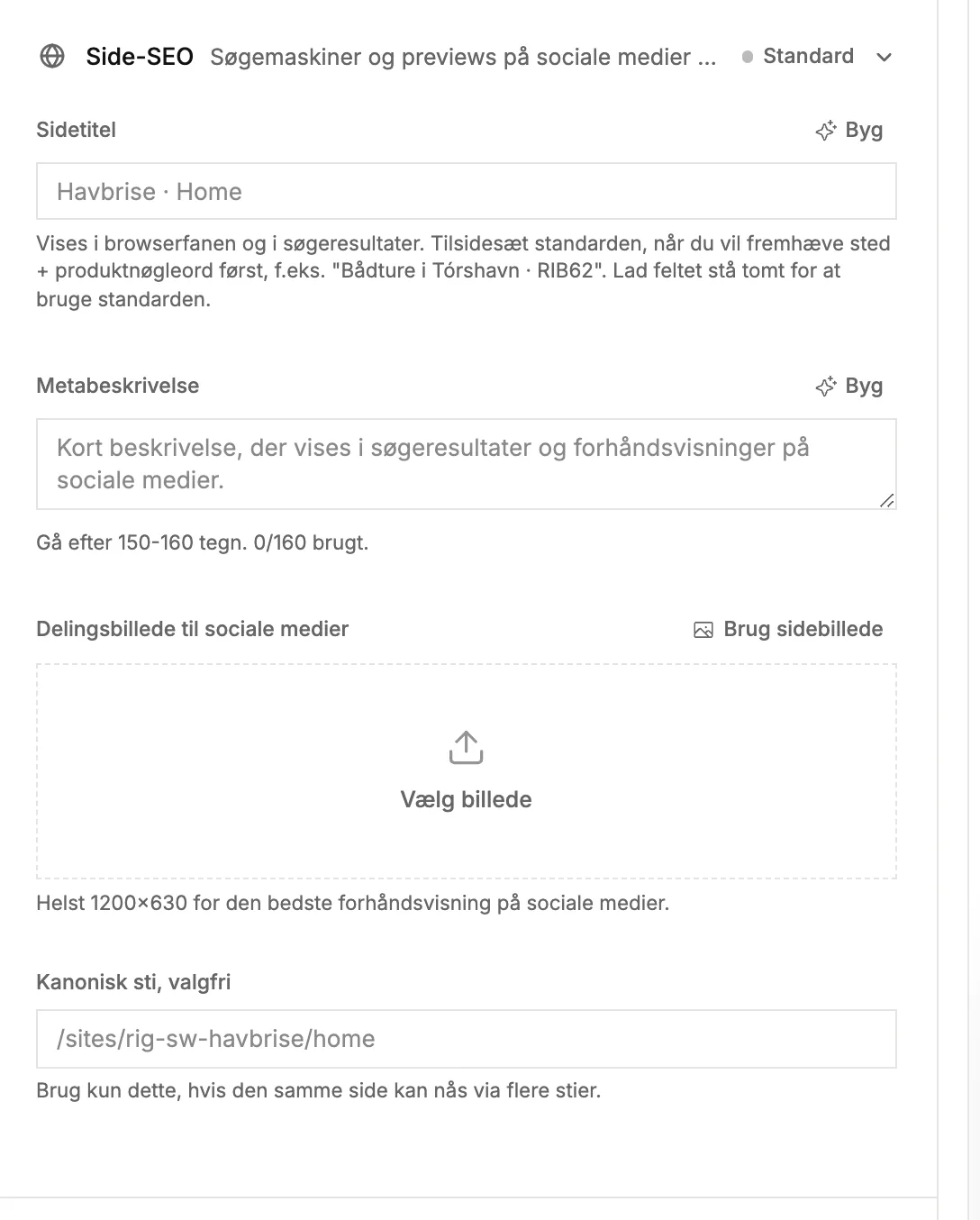 Sektionen Side-SEO med sidetitel, metabeskrivelse og delingsbillede