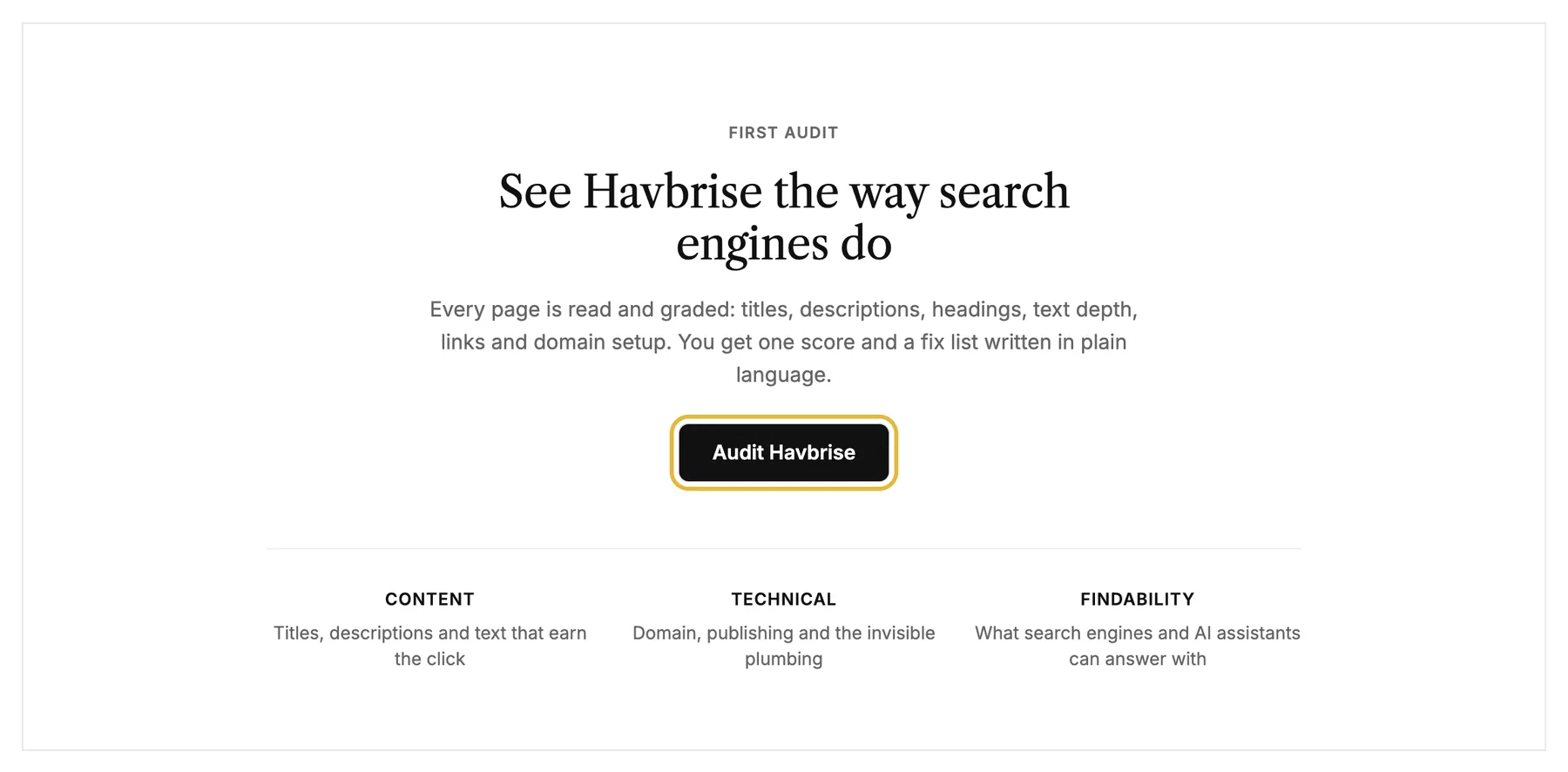 The SEO page before the first audit, with the audit button