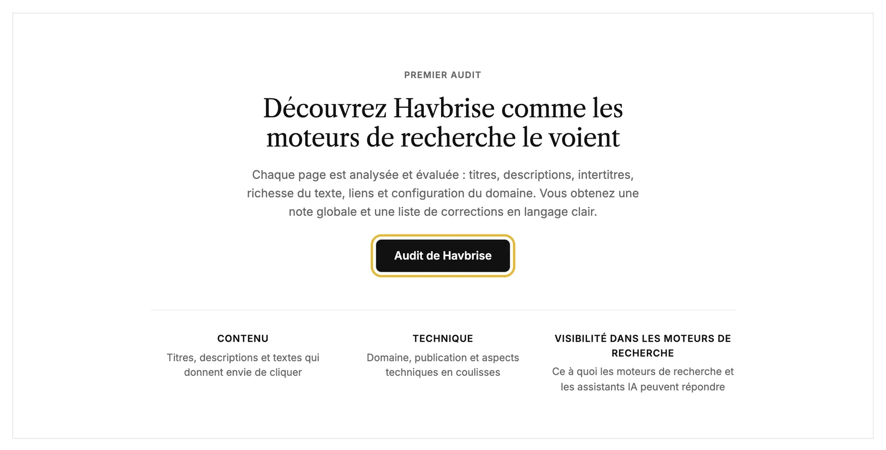 La page SEO avant le premier audit, avec le bouton d’audit