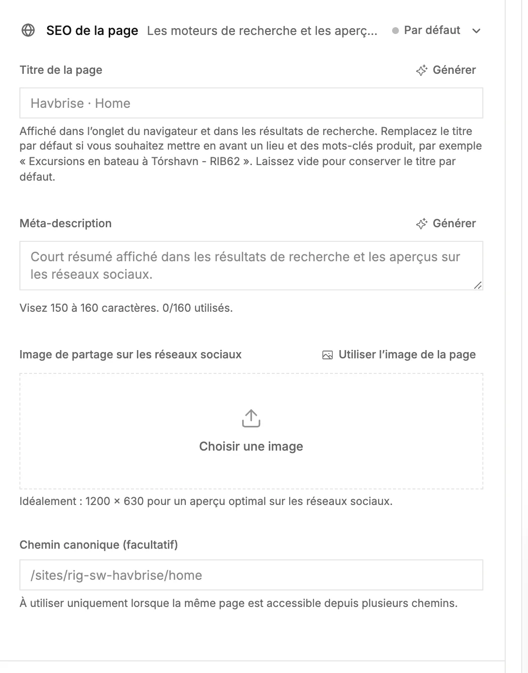 La section [SEO de la page], avec le titre de la page, la méta-description et l’image de partage