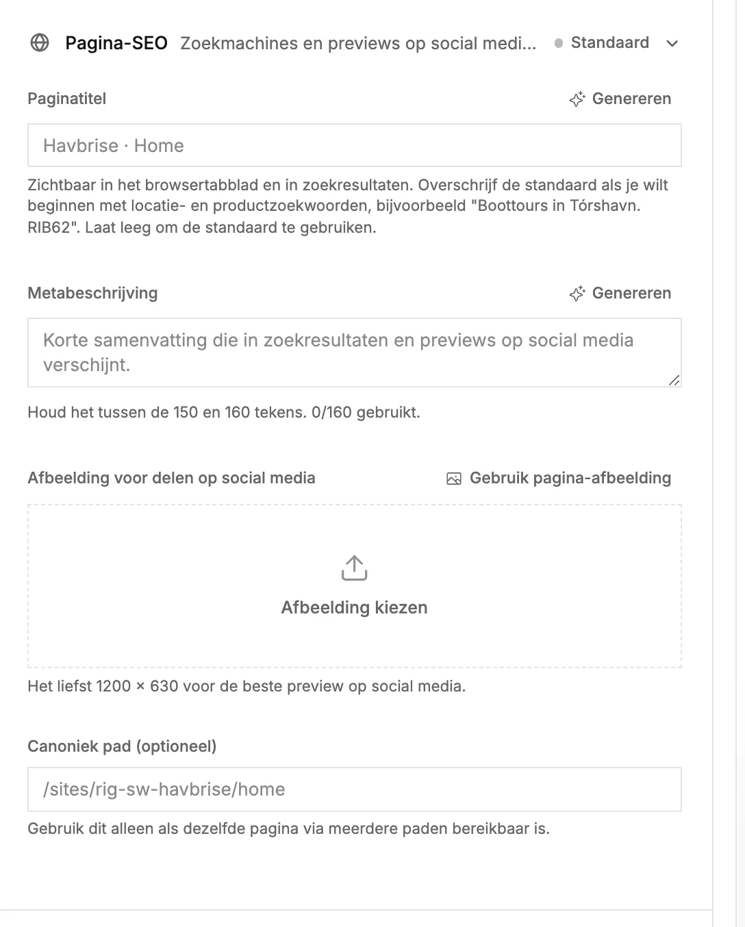 De sectie Pagina-SEO met paginatitel, metabeschrijving en deelafbeelding