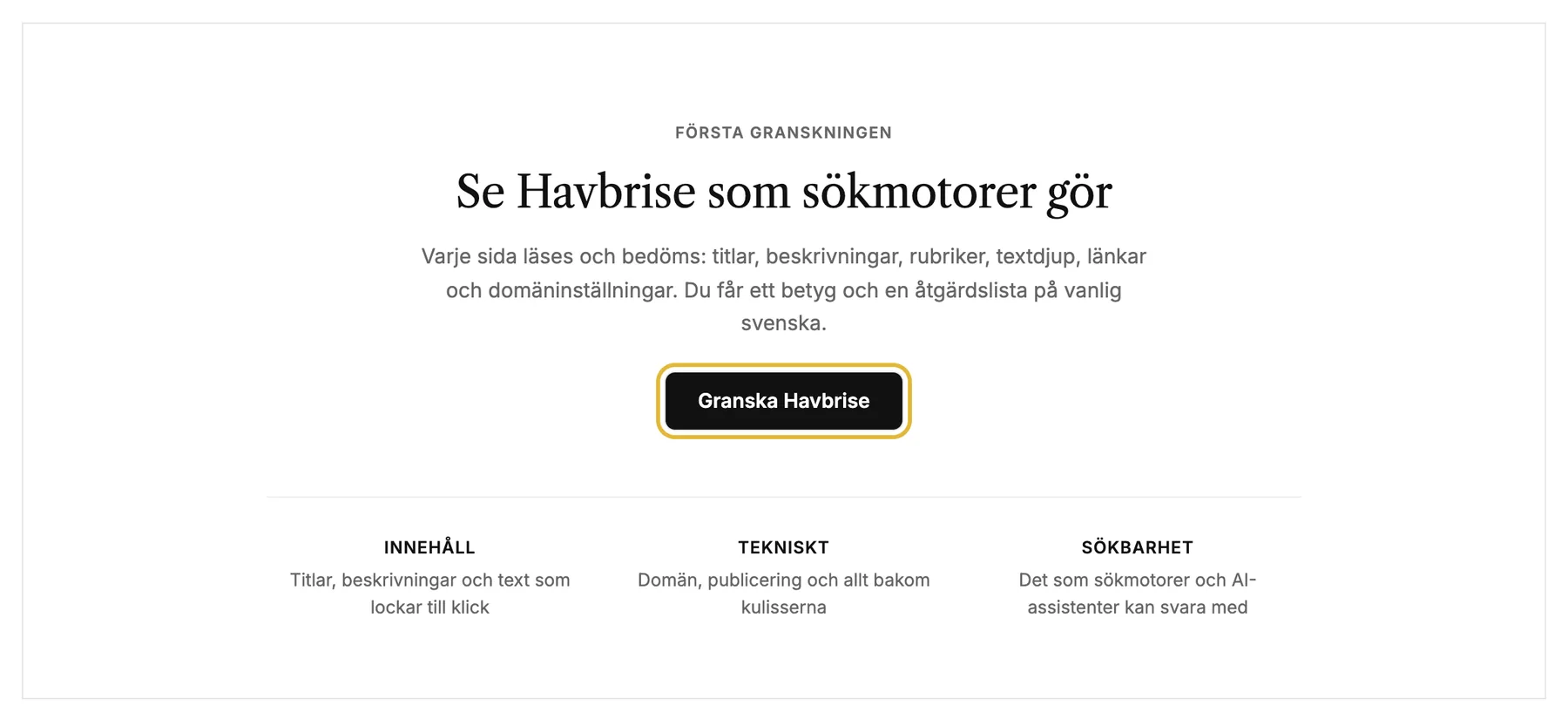 SEO-sidan före den första granskningen, med granskningsknappen