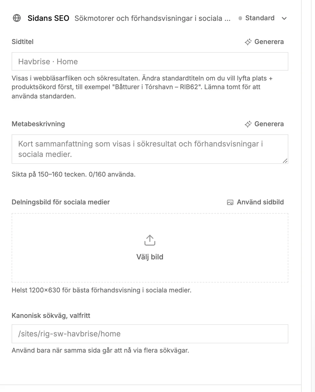 Avsnittet Page SEO med sidtitel, metabeskrivning och delningsbild