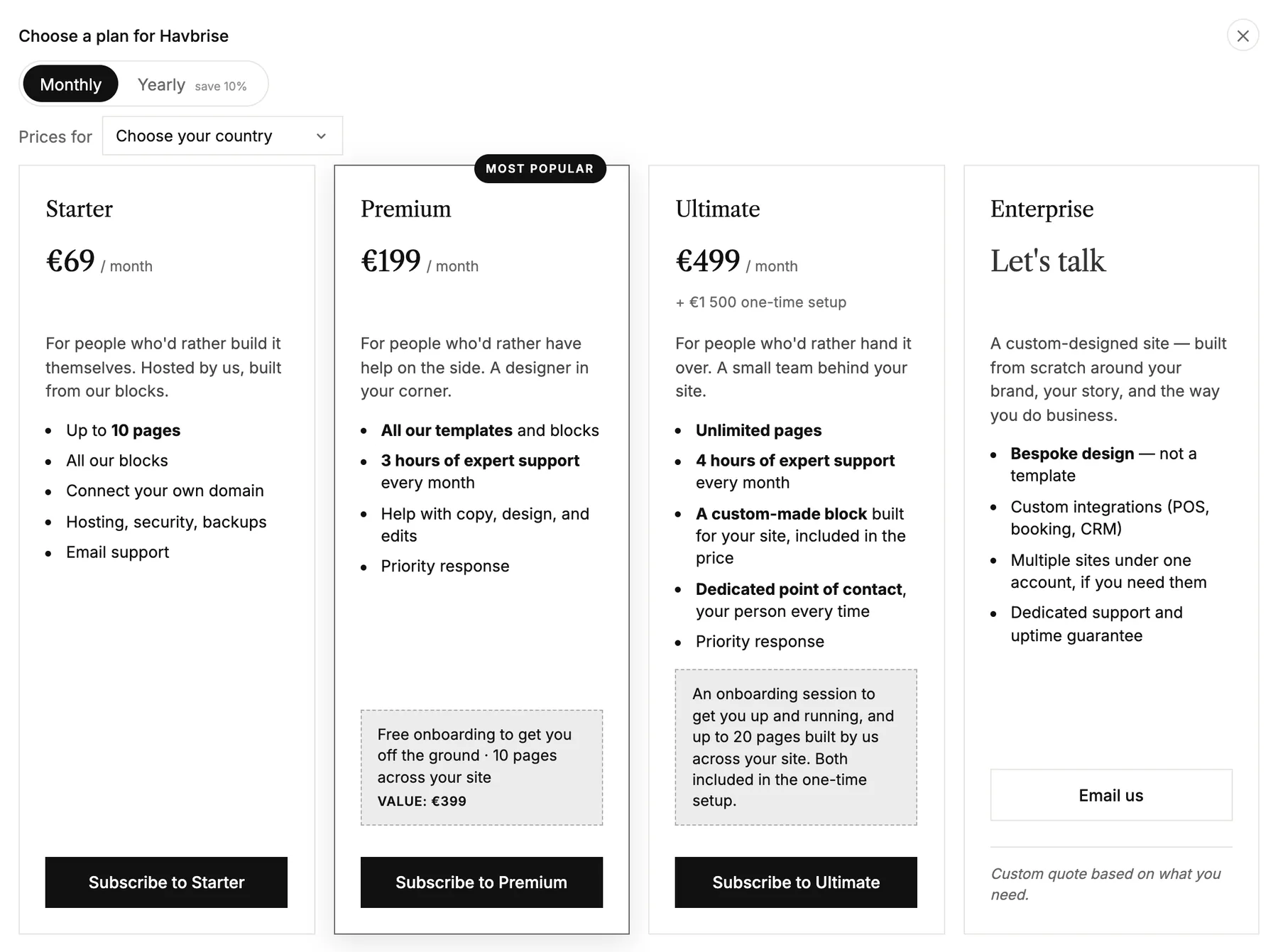 The plans to choose from, with monthly or yearly payment and your country