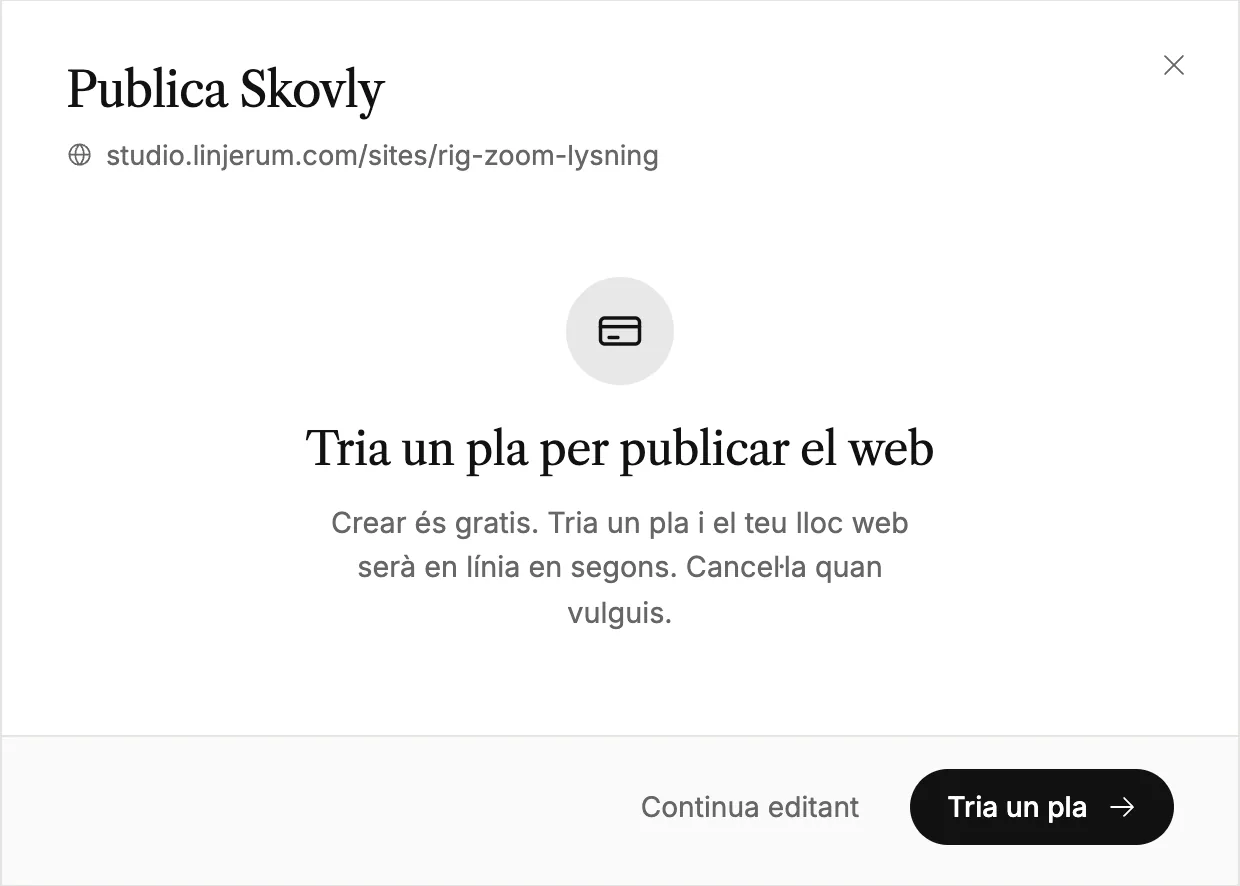 La finestra de publicació que et demana que triïs un pla abans de la primera publicació