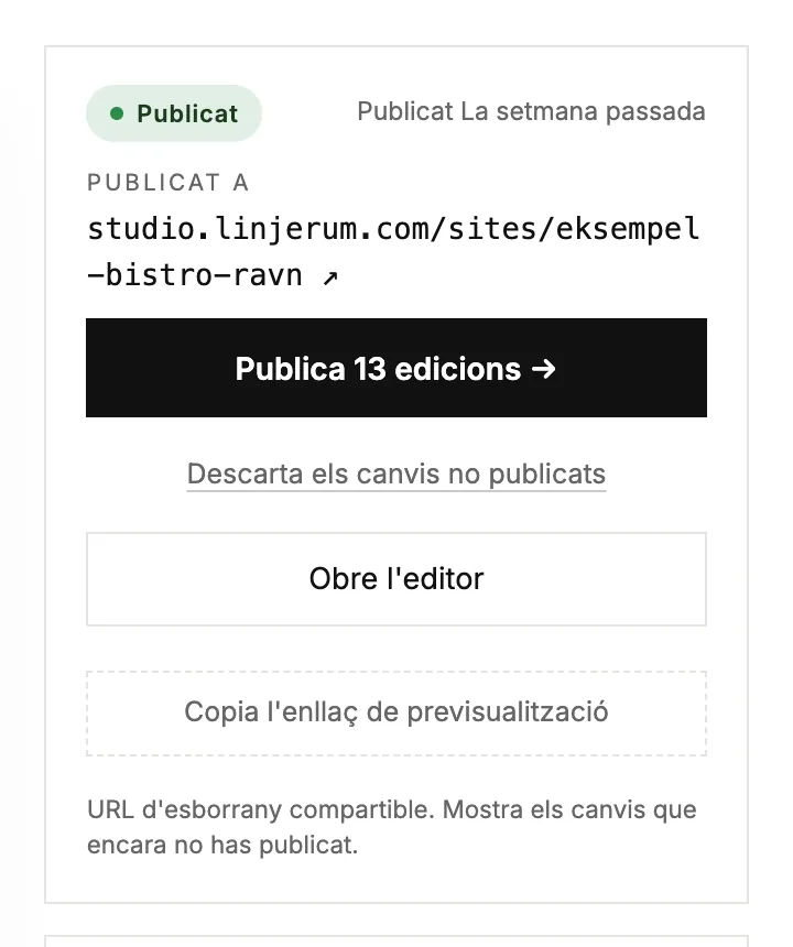 El quadre d'estat d'un lloc web publicat amb edicions sense publicar i un enllaç [Discard]