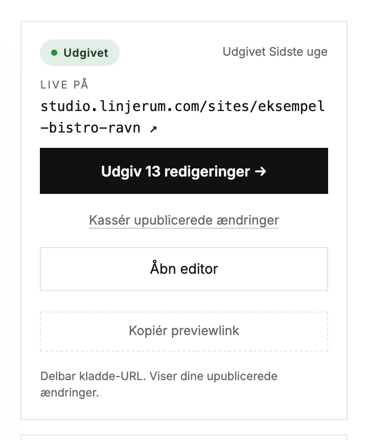 Statusboksen for et live site med ændringer, der ikke er udgivet, og et Kassér-link