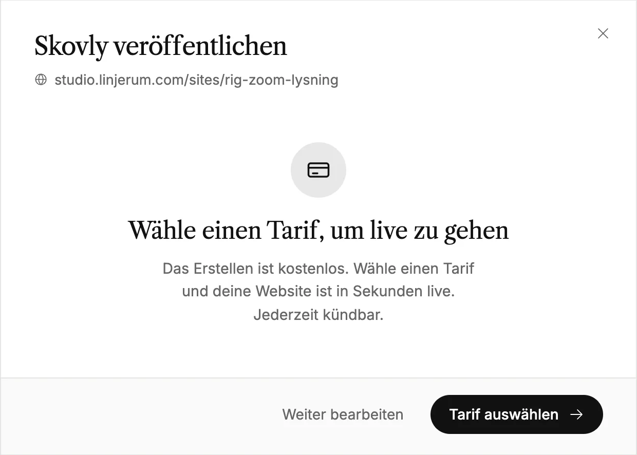Das Veröffentlichungsfenster, in dem du vor der ersten Veröffentlichung einen Tarif auswählen sollst