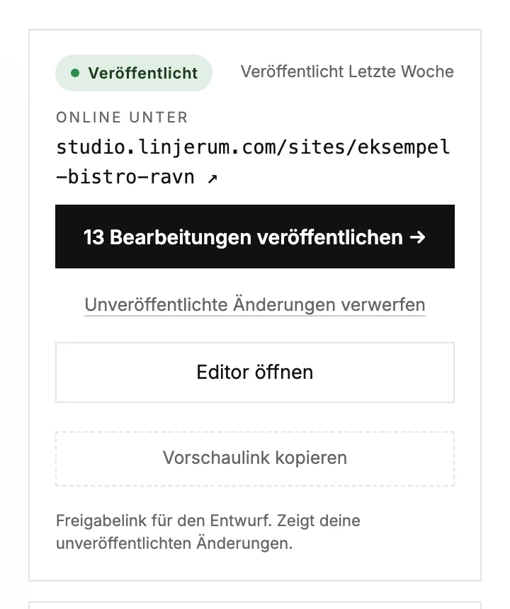 Das Statusfeld einer Live-Website mit unveröffentlichten Änderungen und einem Link zum Verwerfen